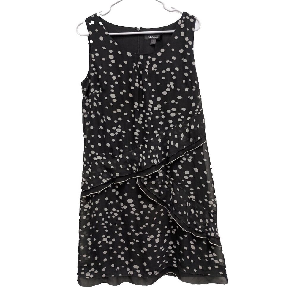 S.L. Fashion Polka Dot Shift Dress Womens Size 12 Black White Ruffled Sleeveless